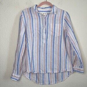 Per Se linen shirt Button roll tab long sleeve top Stripe L beach lagen cottage